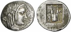 GRIECHEN LYKIEN. Masikytes Hemidrachme (1,94g). ca. 48 - 23 v. Chr. Vs.: Apollonkopf n. r. Rs.: Lyra zwischen M-A, l. im Feld Zweig; im vertieften Quadrat. SNG Aul. 4334; SNG Cop. 84. ss