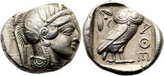 GRIECHEN ATTIKA. ATHEN. Tetradrachme ø 26mm (17,15g). 454 - 405 v. Chr. Vs.: Kopf der Athena mit verziertem u. bekränztem attischen Helm n. r. Rs.: ΑΘΕ, Eule n. r. stehend, Kopf in Vorderansicht, im F
