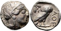 GRIECHEN ATTIKA. ATHEN. Tetradrachme ø 25mm (17,09g). 454 - 404 v. Chr. Vs.: Kopf der Athena mit attischem Helm, der mit drei Lorbeerblättern geschmückt ist, Ohrring u. Perlenkette n. r. Rs.: ΑΘΕ, Eul