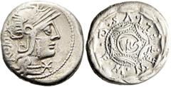 RÖMER RÖMISCHE REPUBLIK. RÖMISCHE REPUBLIK NACH 211 V. CHR. M. Caecilius Metellus, 127 v. Chr. Denar ø 18mm (3,65g). Mzst. Rom. Vs.: ROMA, Kopf der Roma mit Greifenhelm n. r., unter dem Kinn Stern. Rs