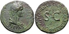 RÖMER RÖMISCHE KAISERZEIT. Drusus minor, 15 v. Chr. - 23 n. Chr. AE Dupondius ø 31mm (13,83g). Geprägt unter Tiberius 22 - 23 n. Chr. Mzst. Rom. Vs.: PIETAS, Büste der Livia capite velato als Pietas n