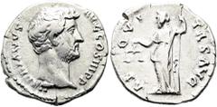 RÖMER RÖMISCHE KAISERZEIT. Hadrian, 117 - 138 n. Chr. Denar ø 19mm (3,09g). 137 - 138 n. Chr. Mzst. Rom. Vs.: HADRIANVS AVG COS III P P, Kopf n. r. Rs.: AEQVITAS AVG, Aequitas steht auf einen Stab ges