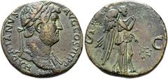 RÖMER RÖMISCHE KAISERZEIT. Hadrian, 117 - 138 n. Chr. AE Sesterz ø 35mm (22,34g). 130 - 138 n. Chr. Mzst. Rom. Vs.: HADRIANVS AVG COS III P P, Kopf mit Lorbeerkranz u. Gewand auf l. Schulter n. r. Rs.