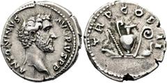 RÖMER RÖMISCHE KAISERZEIT. Antoninus Pius, 138 - 161 n. Chr. Denar ø 18mm (3,42g). 139 n. Chr. Mzst. Rom. Vs.: ANTONINVS AVG PIVS P P, Kopf n. r. Rs.: TR P COS II, Messer, Sprinkler, Krug, Lituus u. S