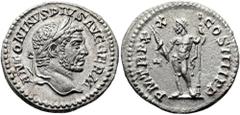 RÖMER RÖMISCHE KAISERZEIT. Caracalla, 197 - 217 n. Chr. Denar ø 19mm (2,71g). 217 n. Chr. Mzst. Rom. Vs.: ANTONINVS PIVS AVG GERM, Kopf mit Lorbeerkranz n. r. Rs.: P M TR P XX COS IIII P P, Sol steht 