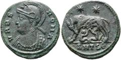 RÖMER RÖMISCHE KAISERZEIT. Stadtprägung aus der Zeit Constantin I. AE Follis ø 18mm (2,91g). 330 - 333 n. Chr. Mzst. Thessaloniki. Vs.: VRBS ROMA, drapierte Büste der Roma n. l. Rs.: SMTSΕ, Lupa Roman