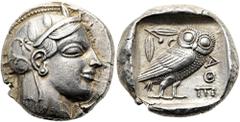 GRIECHEN ATTIKA. ATHEN. Tetradrachme ø 26mm (17,11g). ca. 465 - 454 v. Chr. Vs.: Kopf der Athena mit attischem Helm geschmückt mit drei Lorbeerblättern, Ohrring u. Perlenkette n. r. Rs.: ΑΘΕ, Eule n. 