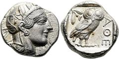 GRIECHEN ATTIKA. ATHEN. Tetradrachme ø 24mm (17,09g). 454 - 404 v. Chr. Vs.: Kopf der Athena mit attischem Helm geschmückt mit drei Lorbeerblättern, Ohrring u. Perlenkette n. r. Rs.: ΑΘΕ, Eule n. r. s