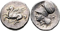 GRIECHEN KORINTH. KORINTH. Stater ø 21mm (8,76g). 345 - 307 v. Chr. Vs.: Pegasos n. l. fliegend, darunter Koppa. Rs.: Kopf der Athena mit korinthischem Helm n. l., Lorbeerkranz, davor A-P, dahinter Ae