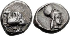 GRIECHEN KORINTH. KORINTH. Stater ø 20mm (8,75g). ca. 500 - 450 v. Chr. Vs.: Pegasos n. l. fliegend, darunter Φ (sic!). Rs.: Kopf der Athena mit korinthischem Helm, alles im Quadratum incusum. Calciat