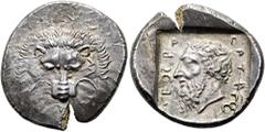 GRIECHEN LYKIEN. DYNASTEN. Mithrapata. Stater ø 24mm (9,90g). 390 - 370 v. Chr. Mzst. Zagaba oder Phellos. Vs.: Löwenmaske von vorn, darunter Triskeles. Rs.: MEXP-AΠ-ATA (lykische Legende), bärtiger K