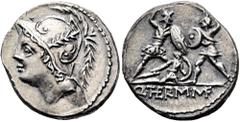 RÖMER RÖMISCHE REPUBLIK. RÖMISCHE REPUBLIK NACH 211 V. CHR.. Q. Minucius Thermus, 103 v. Chr. Denar ø 19mm (3,78g). Mzst. Rom. Vs.: Behelmter Kopf des Mars n. l. Rs.: Q THERM MF (teilweise in Ligatur)