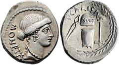 RÖMER RÖMISCHE REPUBLIK. RÖMISCHE REPUBLIK NACH 211 V. CHR.. T. Carisius, 46 v. Chr. Denar ø 19mm (3,95g). Mzst. Rom. Vs.: MONETA, Büste der Juno Moneta n. r. Rs.: T CARISIVS, im Lorbeerkranz Amboss z