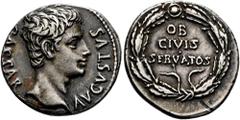 RÖMER RÖMISCHE KAISERZEIT. Augustus, 27 v. Chr. - 14 n. Chr. Denar ø 18mm (3,79g). 19 - 18 v. Chr. Mzst. Colonia Patricia. Vs.: CAESAR AVGVSTVS, Kopf n. r. Rs.: OB / CIVIS / SERVATOS im Eichenlaubkran