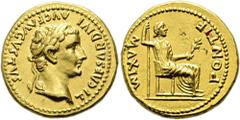 RÖMER RÖMISCHE KAISERZEIT. Tiberius, 14 - 37 n. Chr. Aureus ø 19mm (7,81g). 14 - 17 n. Chr. Mzst. Lugdunum. Vs.: TI CAESAR DIVI AVG F AVGVSTVS, Kopf mit Lorbeerkranz n. r. Rs.: PONTIF MAXIM, Iustitia 