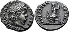 RÖMER RÖMISCHE KAISERZEIT. Nero, 54 - 68 n. Chr. Denar ø 18mm (3,09g). 67 - 68 n. Chr. Mzst. Rom. Vs.: IMP NERO CAESAR AVG P P, Kopf mit Lorbeerkranz n. r. Rs.: IVPPITER CVSTOS, Jupiter thront mit Bli