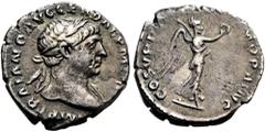 RÖMER RÖMISCHE KAISERZEIT. Trajan, 98 - 117 n. Chr. Quinar ø 15mm (1,54g). 107 - 111 n. Chr. Mzst. Rom. Vs.: IMP TRAIANO AVG GER DAC P M TR P, Büste mit Lorbeerkranz u. Gewand auf l. Schulter n. r. Rs