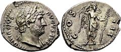 RÖMER RÖMISCHE KAISERZEIT. Hadrian, 117 - 138 n. Chr. Denar ø 19mm (3,34g). 126 - 127 n. Chr. Mzst. Rom. Vs.: HADRIANVS AVGVSTVS, Kopf mit Lorbeerkranz u. Gewand auf l. Schulter n. r. Rs.: COS III, Vi