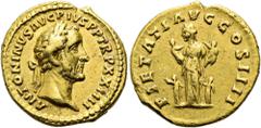 RÖMER RÖMISCHE KAISERZEIT. Antoninus Pius, 138 - 161 n. Chr. Aureus ø 19mm (7,19g). 160 - 161 n. Chr. Mzst. Rom. Vs.: ANTONINVS AVG PIVS P P TR P XXIIII, drapierte Panzerbüste n. r. Rs.: PIETATI AVG C