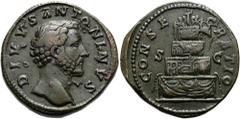 RÖMER RÖMISCHE KAISERZEIT. Divus Antoninus Pius, ab 161 n. Chr. AE Sesterz ø 33mm (28,12g). Geprägt unter Marc Aurel 161 n. Chr. Mzst. Rom. Vs.: DIVVS ANTONINVS, Büste mit Gewand auf l. Schulter n. r.