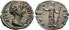 RÖMER RÖMISCHE KAISERZEIT. Diva Faustina maior, ab 140 n. Chr. Denar ø 18mm (3,28g). Nach 141 n. Chr. Mzst. Rom. Vs.: DIVA FAVSTINA, drapierte Büste n. r. Rs.: AVGV-STA, Vesta mit erhobener Rechten u.
