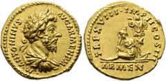 RÖMER RÖMISCHE KAISERZEIT. Marcus Aurelius, 161 - 180 n. Chr. Aureus ø 19mm (7,26g). 164 n. Chr. Mzst. Rom. Vs.: M ANTONINVS AVG ARMEN P M, drapierte Panzerbüste mit Lorbeerkranz n. r. Rs.: TR P XVIII