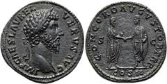 RÖMER RÖMISCHE KAISERZEIT. Lucius Verus, 161 - 169 n. Chr. AE Sesterz ø 32mm (23,36g). 161 n. Chr. Mzst. Rom. Vs.: IMP CAES L AVREL VERVS AVG, Kopf mit Lorbeerkranz n. r. Rs.: CONCORD AVGVSTOR TR P / 