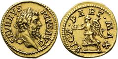RÖMER RÖMISCHE KAISERZEIT. Septimius Severus, 193 - 211 n. Chr. Aureus ø 19mm (6,60g). Mzst. Rom. Vs.: SEVERVS PIVS AVG, Kopf mit Lorbeerkranz n. r. Rs.: VICT PART MAX, Viktoria schreitet mit Kranz u.