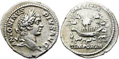 RÖMER RÖMISCHE KAISERZEIT. Caracalla, 197 - 217 n. Chr. Denar ø 19mm (3,03g). 206 n. Chr. Mzst. Rom. Vs.: ANTONINVS PIVS AVG, Kopf mit Lorbeerkranz n. r. Rs.: LAETITIA / TEMPORVM, Schiff in der Mitte 