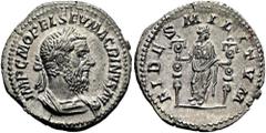 RÖMER RÖMISCHE KAISERZEIT. Macrinus, 217 - 218 n. Chr. Denar ø 20mm (3,26g). Mzst. Rom. Vs.: IMP C M OPEL SEV MACRINVS AVG, Panzerbüste mit Lorbeerkranz n. r. Rs.: FIDES MILITVM, stehende Fides mit zw