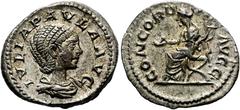RÖMER RÖMISCHE KAISERZEIT. Iulia Paula, 220 n. Chr. Denar ø 19mm (3,16g). Mzst. Rom. Vs.: IVLIA PAVLA AVG, drapierte Büste n. r. Rs.: CONCORDI-A AVGG, Concordia sitzt n. l. mit Patera u. Doppelfüllhor