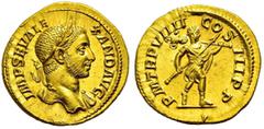 RÖMER RÖMISCHE KAISERZEIT. Severus Alexander, 222 - 235 n. Chr. Aureus ø 21mm (6,06g). 230 n. Chr. Mzst. Rom. Vs.: IMP SEV ALE-XAND AVG, Büste mit Lorbeerkranz u. Gewand auf l. Schulter n. r. Rs.: P M
