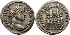 RÖMER RÖMISCHE KAISERZEIT. Diocletian, 284 - 305 n. Chr. Argenteus ø 19mm (2,96g). 295 n. Chr. Mzst. Ticinum. Vs.: DIOCLETI-ANVS AVG, Kopf mit Lorbeerkranz n. r. Rs.: VICTORIA SARMAT, Tetrarchen opfer