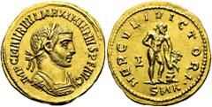 RÖMER RÖMISCHE KAISERZEIT. Maximianus Herculius, 285 - 310 n. Chr. Aureus ø 20mm (5,33g). 286 n.Chr. Mzst. Antiochia. Vs.: IMP C M AVR VAL MAXIMIANVS P F AVG, Panzerbüste mit Lorbeerkranz n. r. Rs.: H