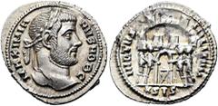 RÖMER RÖMISCHE KAISERZEIT. Galerius als Caesar, 293 - 305 n. Chr. Argenteus ø 19mm (2,79g). 295 n. Chr. Mzst. Siscia. Vs.: MAXIMIA-NVS NOB C, Kopf mit Lorbeerkranz n. r. Rs.: VIRTVS MILITVM / *SIS, Te