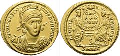RÖMER RÖMISCHE KAISERZEIT. Constantius II., 337 - 361 n. Chr. Solidus ø 22mm (4,49g). 340 - 355 n. Chr. Mzst. Nikomedia. Vs.: FL IVL CONSTAN-TIVS PERP AVG, frontale Panzerbüste, Kopf leicht n. r., mit