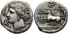 GRIECHEN SIZILIEN. SYRAKUS Agathokles, 317 - 289 v. Chr. Tetradrachme ø 25mm (16,90g). 310 - 305 v. Chr. Vs.: Arethusakopf n. l. von drei Delfinen umgeben, darunter F?. Rs.: ΣΥΡΑΚΟΣΙΩΝ, Quadriga n. l.