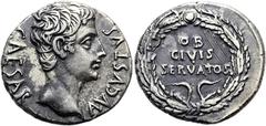 RÖMER RÖMISCHE KAISERZEIT. Augustus, 27 v. Chr. - 14 n. Chr. Denar ø 23mm (3,86g). 19 v. Chr. Mzst. Colonia Patricia. Vs.: CAESAR AVGVSTVS, Kopf n. r. Rs.: OB / CIVIS / SERVATOS im Eichenlaubkranz. RI