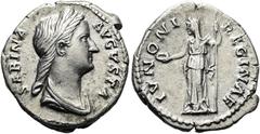 RÖMER RÖMISCHE KAISERZEIT. Sabina, 119(?) - 136/7 n. Chr. Denar ø 18mm (3,02g). 133 - 135 n. Chr. Mzst. Rom. Vs.: SABINA AVGVSTA, drapierte Büste mit Stephane n. r. Rs.: IVNONI REGINAE, Juno mit Pater