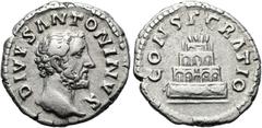 RÖMER RÖMISCHE KAISERZEIT. Divus Antoninus Pius, ab 161 n. Chr. Denar ø 18mm (3,13g). 161 n. Chr., geprägt unter Marc Aurel. Mzst. Rom. Vs.: DIVVS ANTONINVS, Kopf n. r. Rs.: CONSECRATIO, vierstöckiger