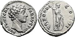 RÖMER RÖMISCHE KAISERZEIT. Marcus Aurelius als Caesar, 139 - 161 n. Chr. Denar ø 18mm (3,52g). 148 - 149 n. Chr. Mzst. Rom. Vs.: AVRELIVS CAE-SAR AVG PII F, Kopf n. r. Rs.: TR POT III COS II, Minerva 