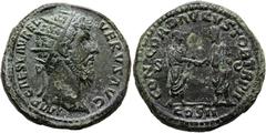 RÖMER RÖMISCHE KAISERZEIT. Lucius Verus, 161 - 169 n. Chr. AE Dupondius ø 27mm (12,62g). 161 - 162 n. Chr. Mzst. Rom. Vs.: IMP CAES L AVREL VERVS AVG, Kopf mit Strahlenkrone n. r. Rs.: CONCORD AVGVSTO