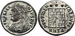 RÖMER RÖMISCHE KAISERZEIT. Licinius I., 308 - 324 n. Chr. AE Follis ø 19mm (3,20g). 317 n. Chr. Mzst. Heraclea. Vs.: IMP LICI-NIVS AVG, drapierte Büste mit Lorbeerkranz, Globus, Mappa u. Zepter n. l. 