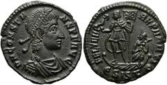RÖMER RÖMISCHE KAISERZEIT. Constans I., 337 - 350 n. Chr. AE Follis ø 18mm (2,89g). 348 - 350 n. Chr. Mzst. Siscia. Vs.: D N CONSTA-NS P F AVG, drapierte Panzerbüste mit Rosettendiadem n. r. Rs.: FEL 