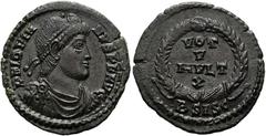 RÖMER RÖMISCHE KAISERZEIT. Jovianus, 363 - 364 n. Chr. AE Follis ø 22mm (3,11g). Mzst. Siscia. Vs.: DN IOVIANVS P F AVG, drapierte Panzerbüste mit Perldiadem n. r. Rs.: VOT / V / MVLT / X, im Kranz, d
