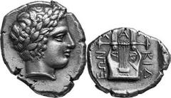 GRIECHEN MAKEDONIEN OLYNTH Objekt-Nr.: 60 für den Chalkidischen Bund, Tetradrachme, (14,02 g.), 5. Jh. v. Chr. Vs.: Kopf des Apollon mit Lorbeerkranz l. Rs.:XALKIDEWN, Kitharat. D.M.Robinson - P.S.Cle