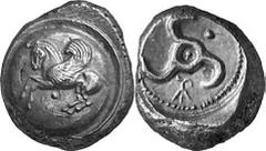 GRIECHEN LYKIEN UNBESTIMMTER DYNAST Objekt-Nr.: 128 Stater (9,81 g.), 460 / 440 v. Chr. Mzst. unbestimmt. Vs.: Nach l. abhebender Pegasos auf Rundschild. Darunter Punkt. Rs.: Triskeles mit Punkt und Z