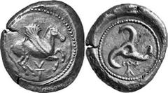 GRIECHEN LYKIEN UNBESTIMMTER DYNAST Objekt-Nr.: 129 Stater (9,84 g.), 460 / 440 v. Chr. Mzst. unbestimmt: Vs.: Nach r. abhebender Pegasos auf Rundschild, zwischen den Beinen Zeichen. Rs.: Triskeles mi