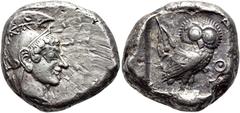 GRIECHEN ATTIKA. ATHEN Tetradrachme ø 23mm (17,70g). 500 - 480 v. Chr. Vs.: Kopf der Athena mit attischen Helm mit Helmbusch n. r. Rs.: ΑΘΕ, Eule im Quadratum incusum n. r., l. oben Ölbaumzweig. Seltm