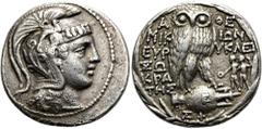 GRIECHEN ATTIKA. ATHEN Tetradrachme des Neuen Stils ø 28mm (16,73g). 124 - 123 v. Chr. Vs.: Kopf der Athena mit attischem Helm n. r. Rs.: Α-ΘΕ, Eule auf Amphora, Beamte ΜΙΚ-ΙΩΝ / ΕΥΡ-/ΥΚΛΕΙ / ΣΩ/ΚΡΑ/Τ